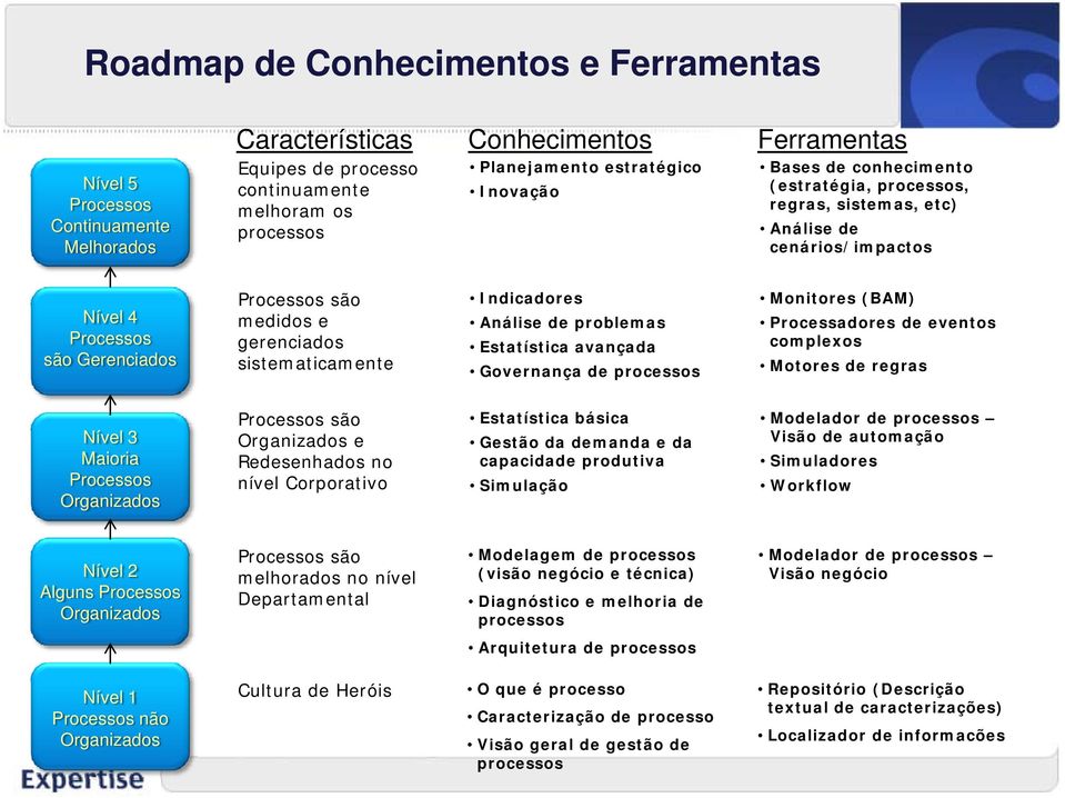 problemas Estatística avançada Governança de processos Monitores (BAM) Processadores de eventos complexos Motores de regras Nível 3 Maioria Organizados são Organizados e Redesenhados no nível