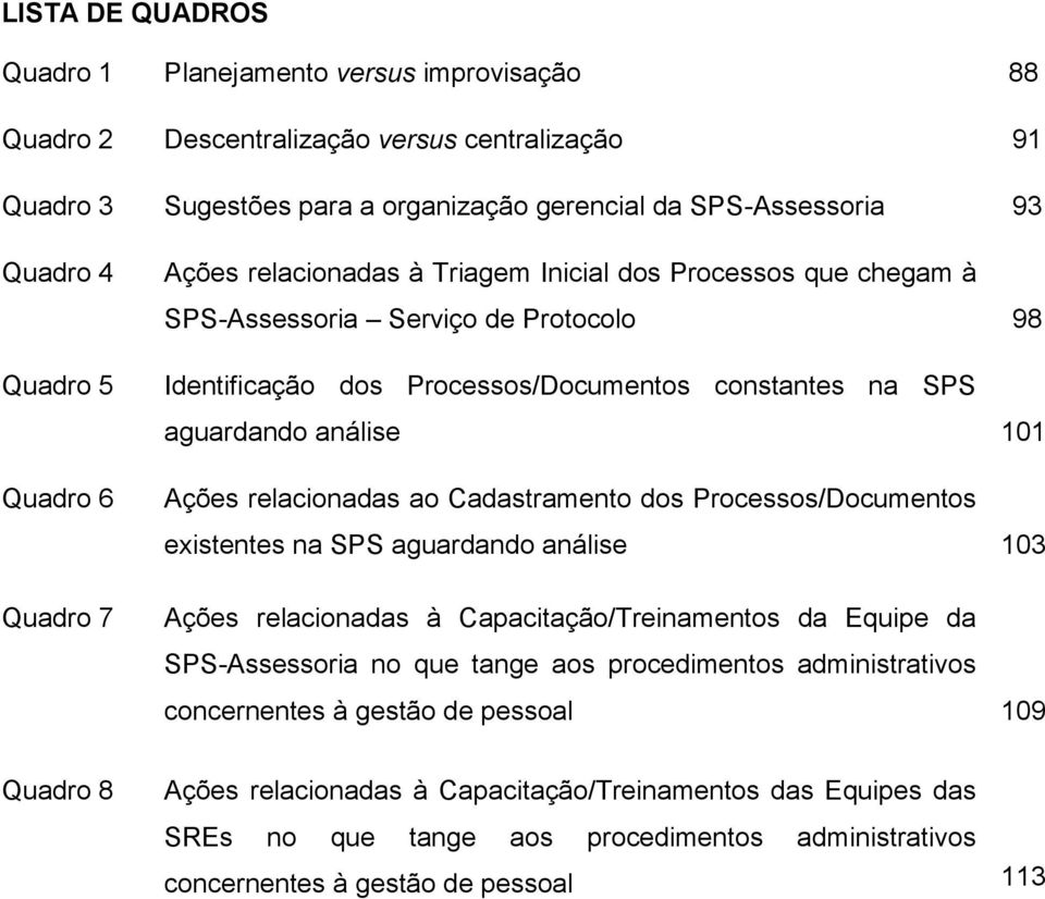 Ações relacionadas ao Cadastramento dos Processos/Documentos existentes na SPS aguardando análise 103 Quadro 7 Ações relacionadas à Capacitação/Treinamentos da Equipe da SPS-Assessoria no que tange