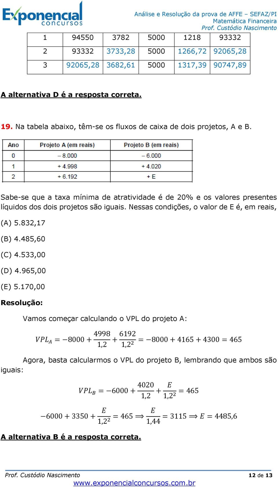 Nessas condições, o valor de E é, em reais, (A) 5.832,17 (B) 4.485,60 (C) 4.533,00 (D) 4.965,00 (E) 5.