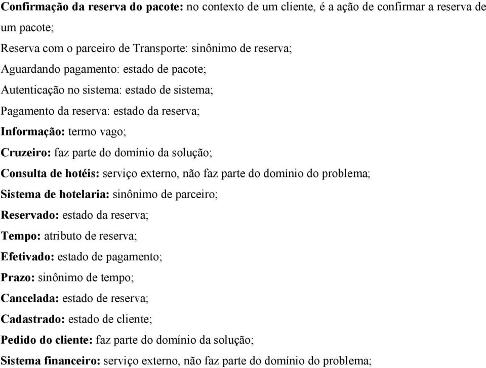 externo, não faz parte do domínio do problema; Sistema de hotelaria: sinônimo de parceiro; Reservado: estado da reserva; Tempo: atributo de reserva; Efetivado: estado de pagamento; Prazo: