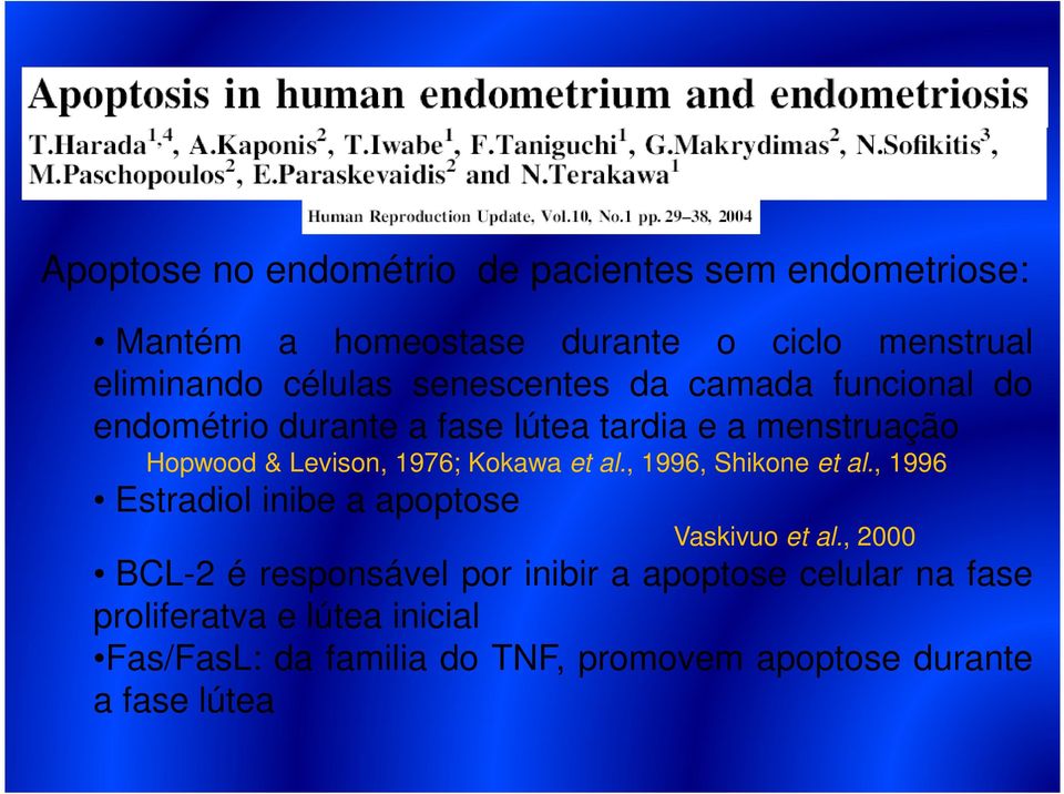 Kokawa et al., 1996, Shikone et al., 1996 Estradiol inibe a apoptose Vaskivuo et al.