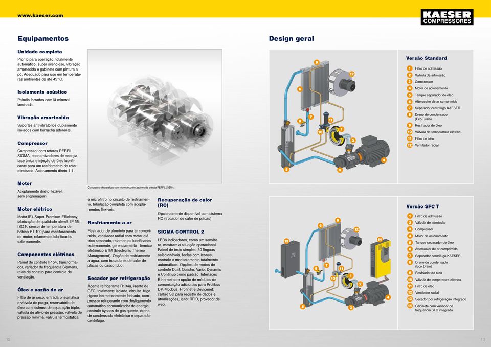 Filtro de admissão Válvula de admissão Compressor Motor de acionamento Isolamento acústico Tanque separador de óleo Painéis forrados com lã mineral laminada.