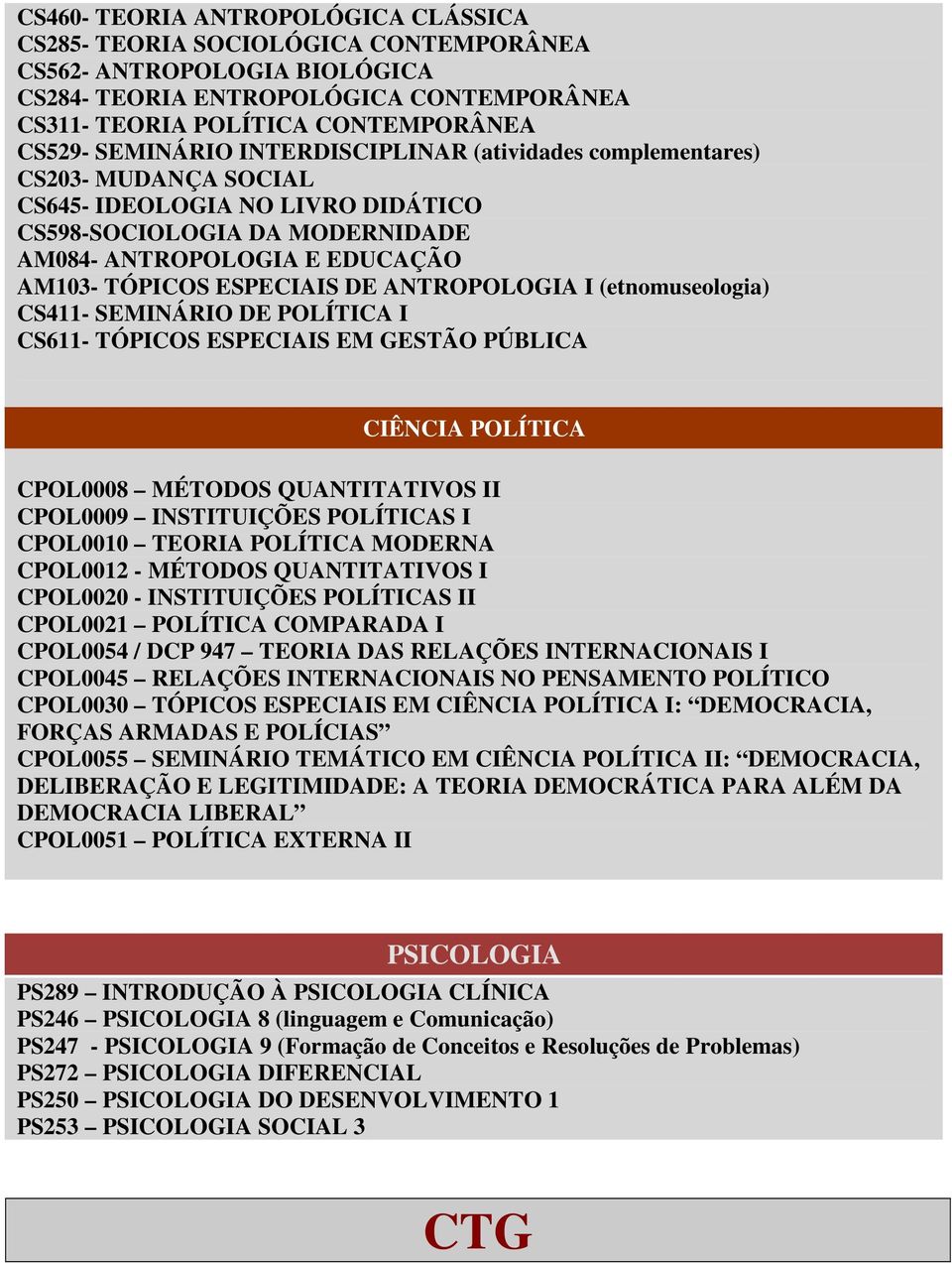 DE ANTROPOLOGIA I (etnomuseologia) CS411- SEMINÁRIO DE POLÍTICA I CS611- TÓPICOS ESPECIAIS EM GESTÃO PÚBLICA CIÊNCIA POLÍTICA CPOL0008 MÉTODOS QUANTITATIVOS II CPOL0009 INSTITUIÇÕES POLÍTICAS I
