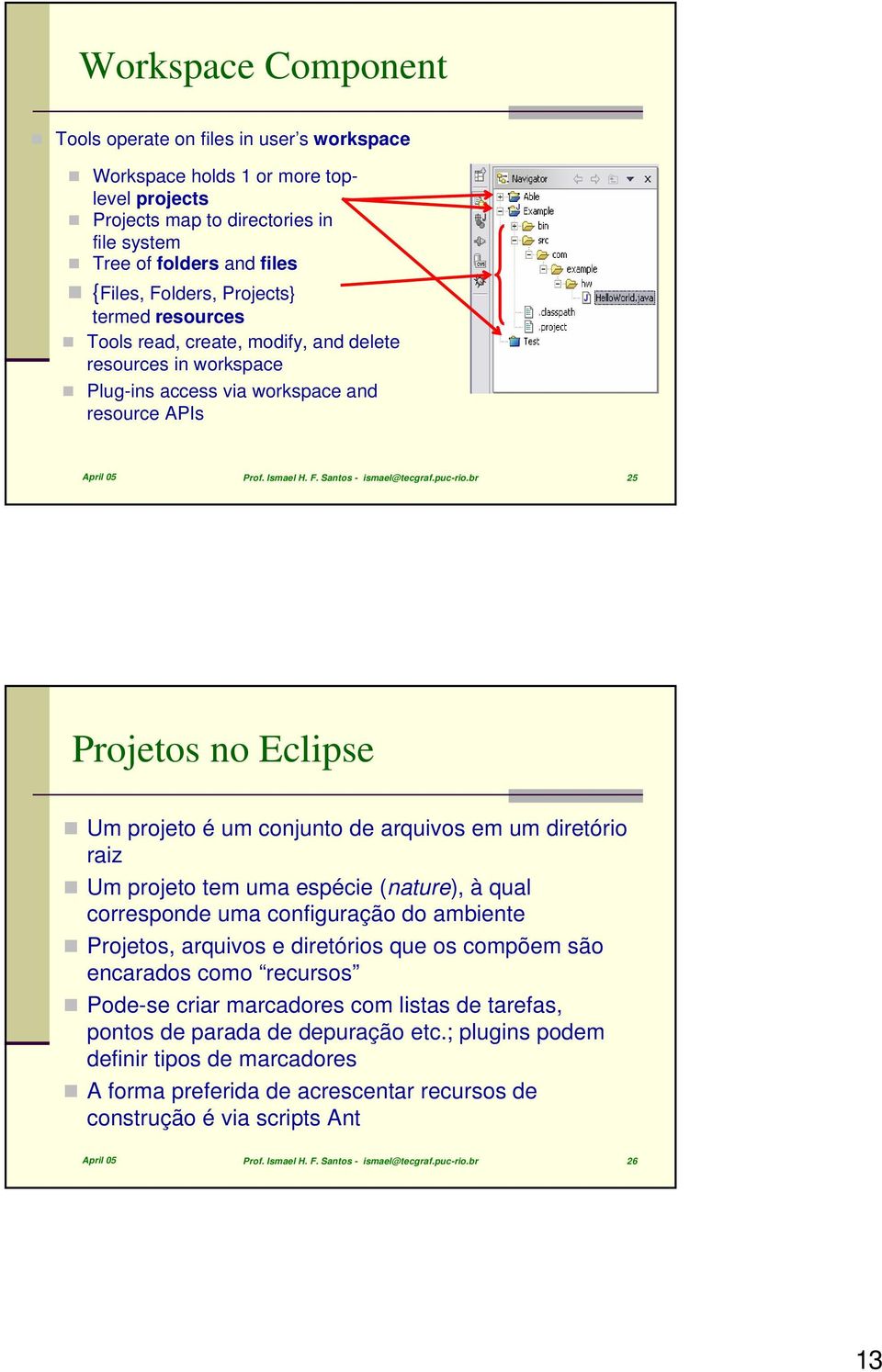br 25 Projetos no Eclipse Um projeto é um conjunto de arquivos em um diretório raiz Um projeto tem uma espécie (nature), à qual corresponde uma configuração do ambiente Projetos, arquivos e