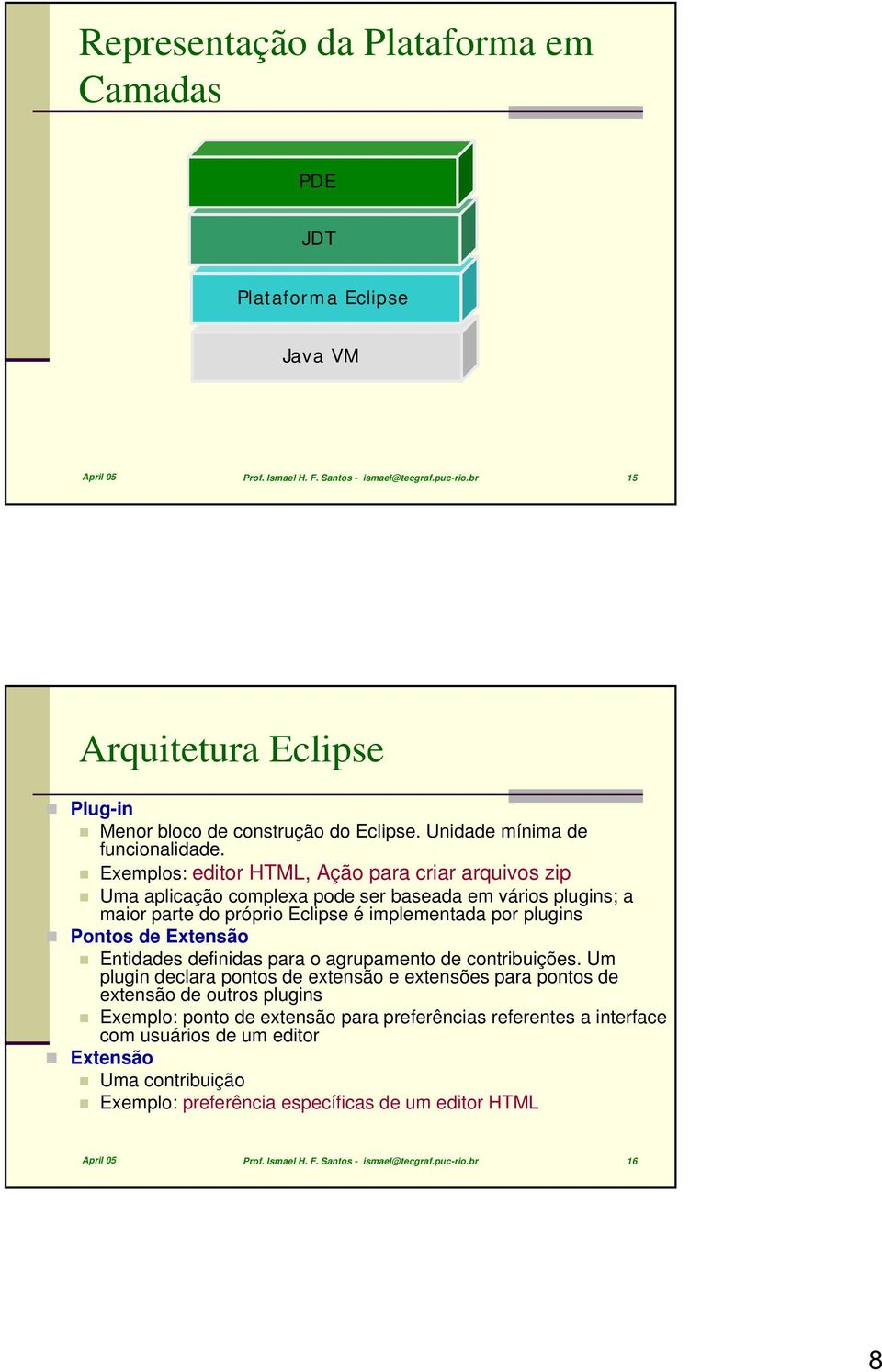 Exemplos: editor HTML, Ação para criar arquivos zip Uma aplicação complexa pode ser baseada em vários plugins; a maior parte do próprio Eclipse é implementada por plugins Pontos de Extensão Entidades