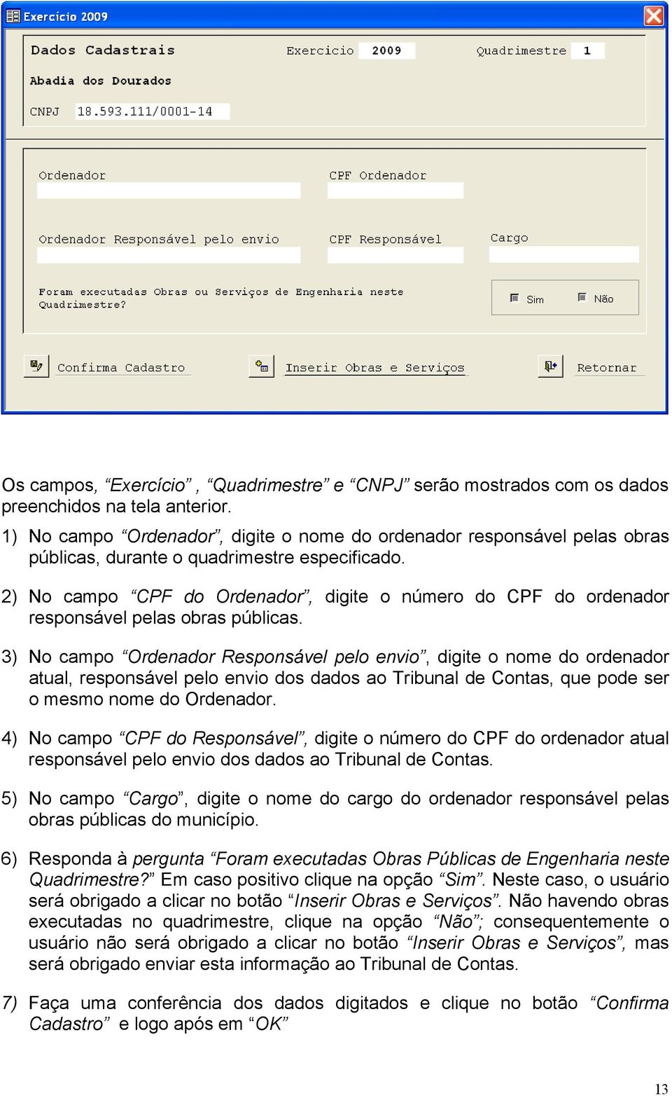 2) No campo CPF do Ordenador, digite o número do CPF do ordenador responsável pelas obras públicas.