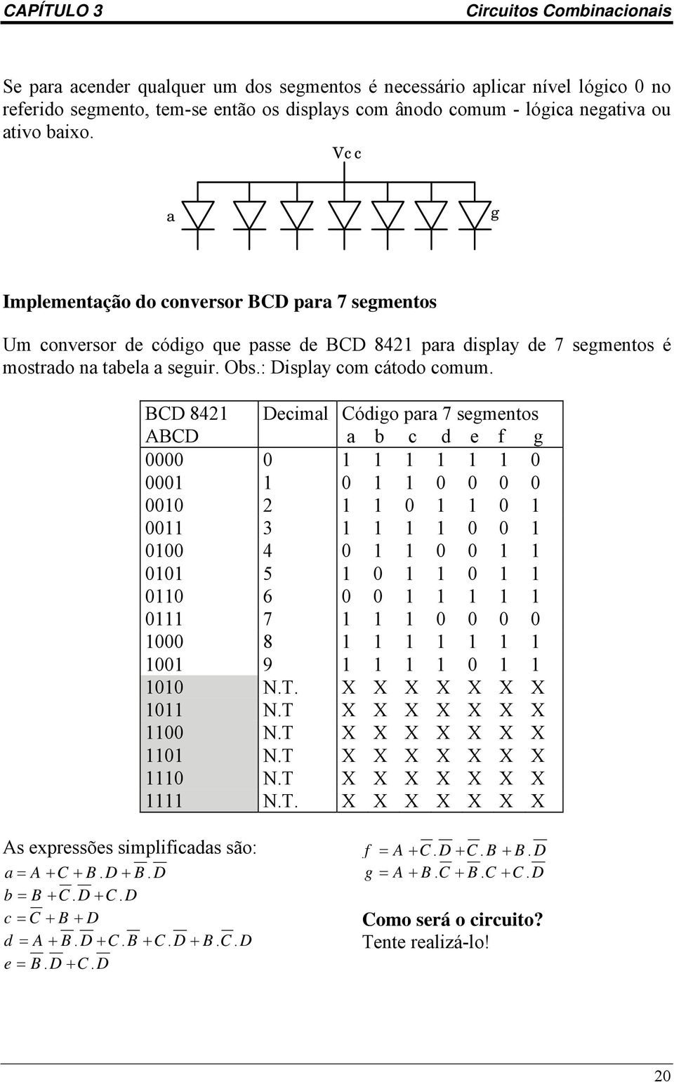 BCD 8421 Decimal Código para 7 segmentos ABCD a b c d e f g 0000 0 1 1 1 1 1 1 0 0001 1 0 1 1 0 0 0 0 0010 2 1 1 0 1 1 0 1 0011 3 1 1 1 1 0 0 1 0100 4 0 1 1 0 0 1 1 0101 5 1 0 1 1 0 1 1 0110 6 0 0 1