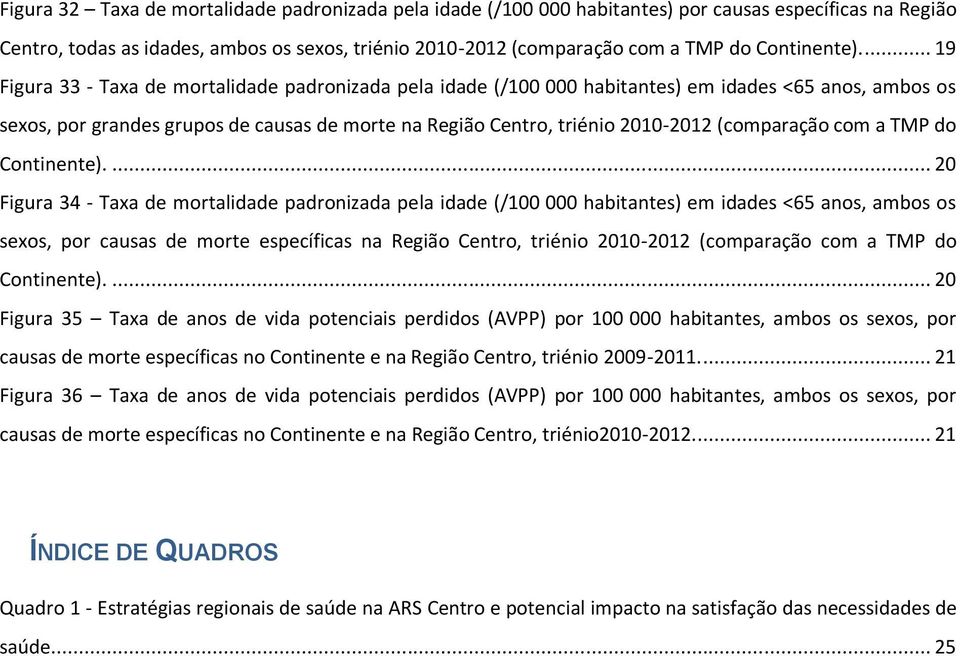 ... 19 Figura 33 - Taxa de mortalidade padronizada pela idade (/100 000 habitantes) em idades <65 anos, ambos os sexos, por grandes grupos de causas de morte na Região Centro, triénio 2010-2012