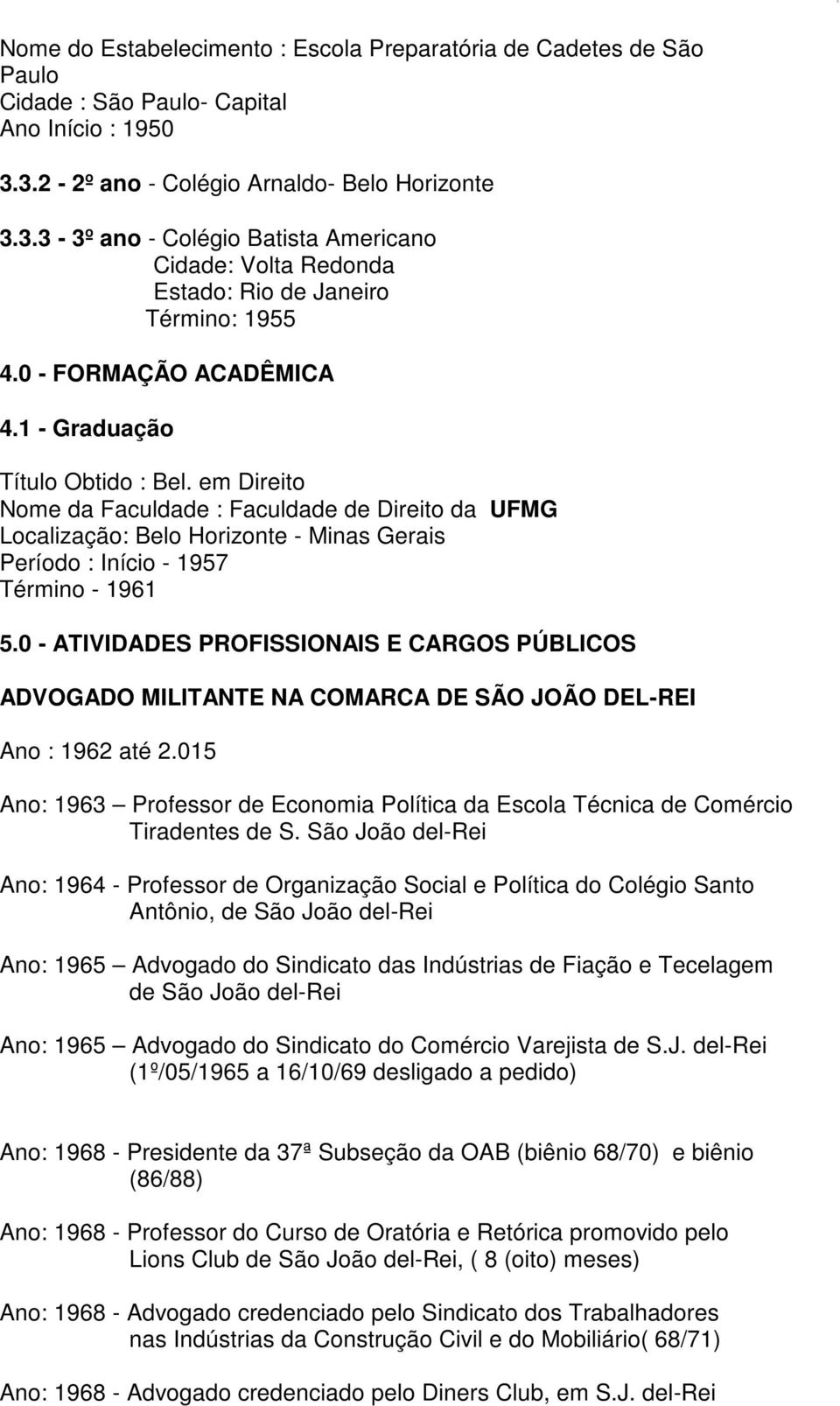 1 - Graduação Título Obtido : Bel. em Direito Nome da Faculdade : Faculdade de Direito da UFMG Localização: Belo Horizonte - Minas Gerais Período : Início - 1957 Término - 1961 5.