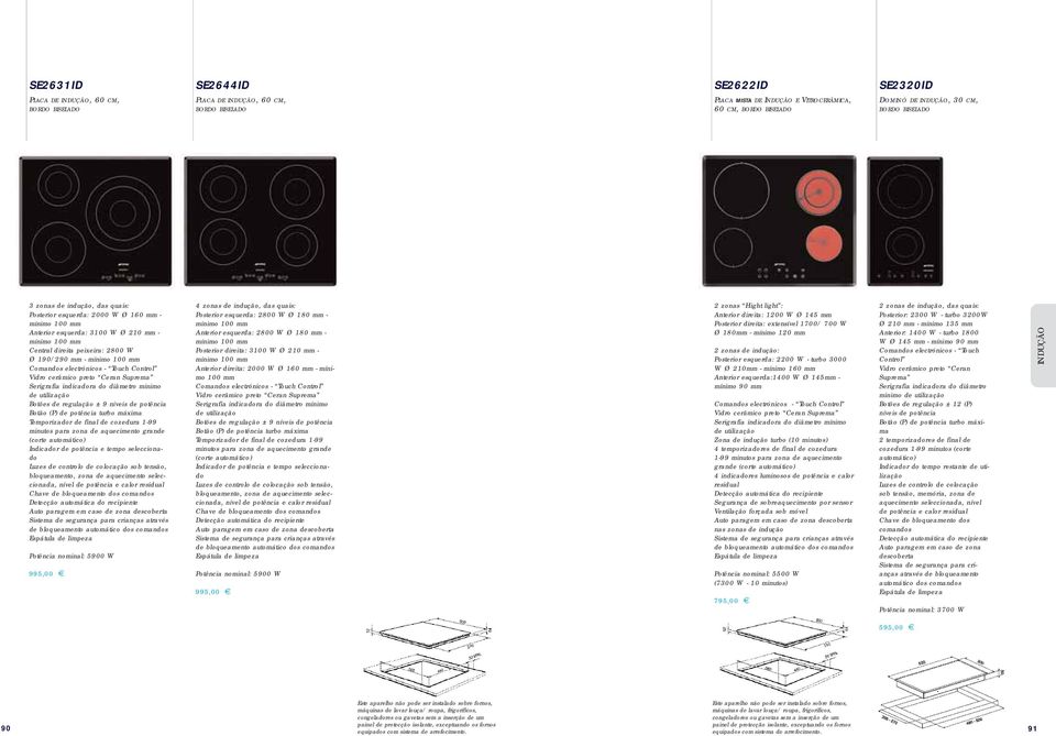 de potência Temporizador de final de cozedura 1-99 minutos para zona de aquecimento grande (corte automático) Indicador de potência e tempo seleccionado Potência nominal: 5900 W 995,00 4 zonas de