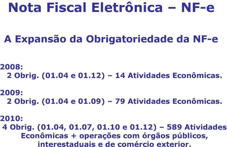 09) 79 Atividades Econômicas. 2010: 4 Obrig. (01.04, 01.07, 01.10 e 01.
