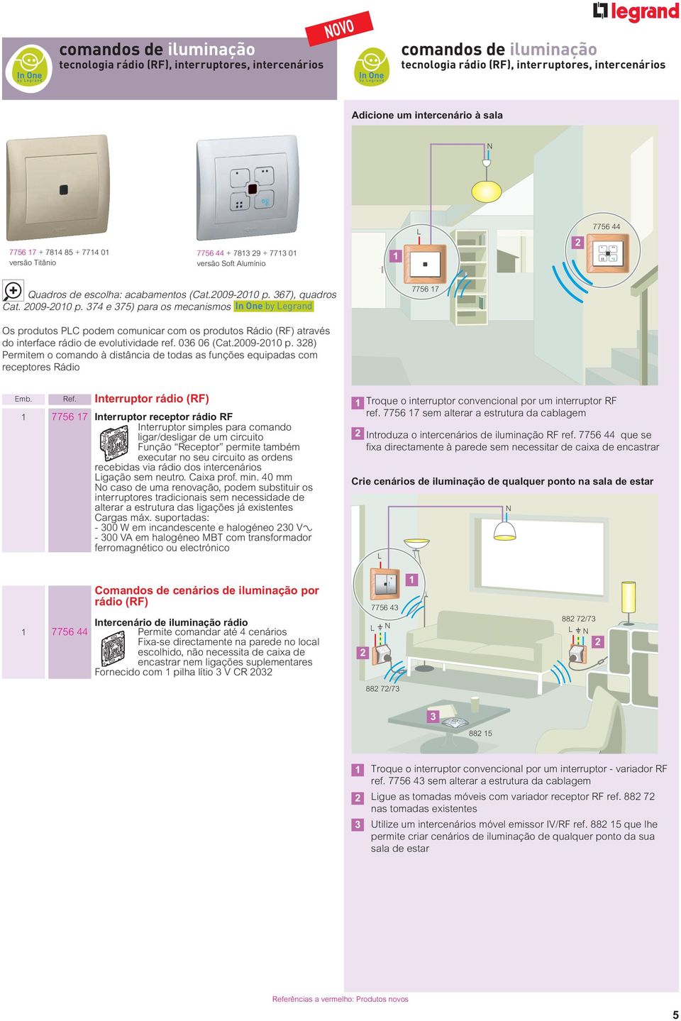 374 e 375) para os mecanismos In One by Legrand 7756 7 Os produtos PLC podem comunicar com os produtos Rádio (RF) através do interface rádio de evolutividade ref. 036 06 (Cat.009-00 p.