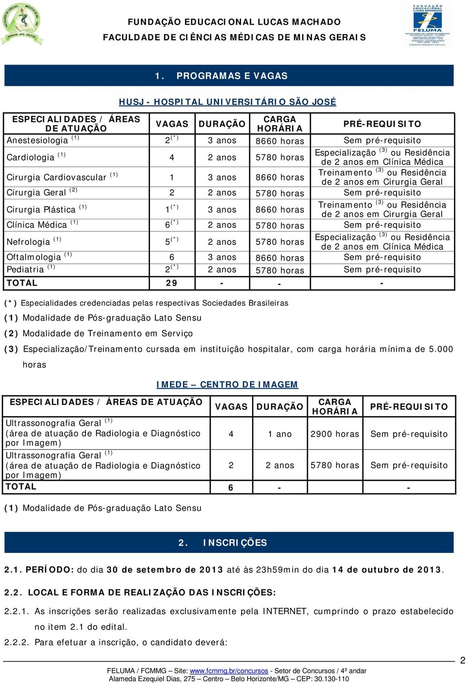 Geral Cirurgia Geral (2) 2 2 anos 5780 horas Sem pré-requisito Cirurgia Plástica (1) 1 (*) 3 anos 8660 horas Treinamento (3) ou Residência de 2 anos em Cirurgia Geral Clínica Médica (1) 6 (*) 2 anos