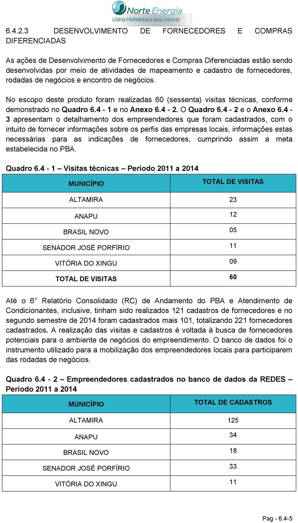 de fornecedores, rodadas de negócios e encontro de negócios. No escopo deste produto foram realizadas 60 (sessenta) visitas técnicas, conforme demonstrado no Quadro 6.4-1 e no Anexo 6.4-2. O Quadro 6.