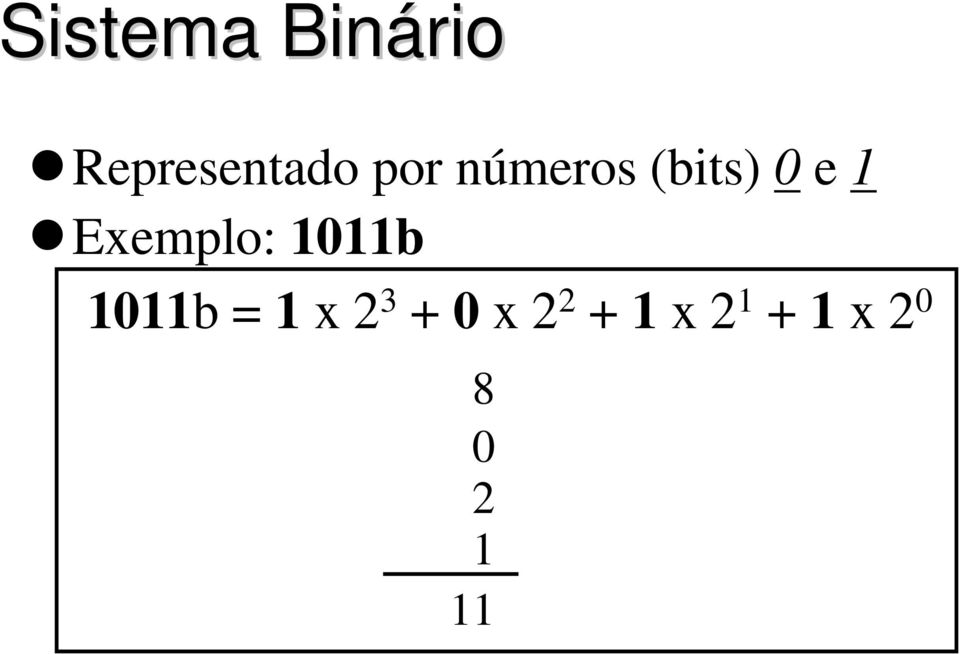 Exemplo: 1011b 1011b = 1 x 2 3