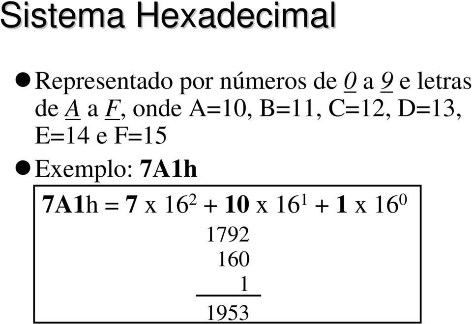 C=12, D=13, E=14 e F=15 Exemplo: 7A1h 7A1h =