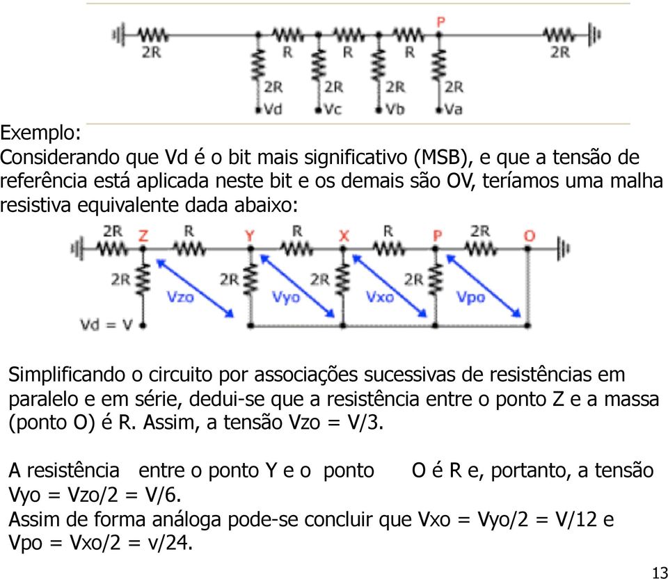 em série, dedui-se que a resistência entre o ponto Z e a massa (ponto O) é R. Assim, a tensão Vzo = V/3.