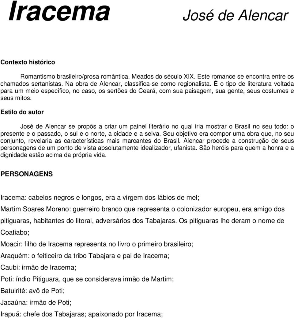 Iracema. José de Alencar PERSONAGENS - PDF Download grátis