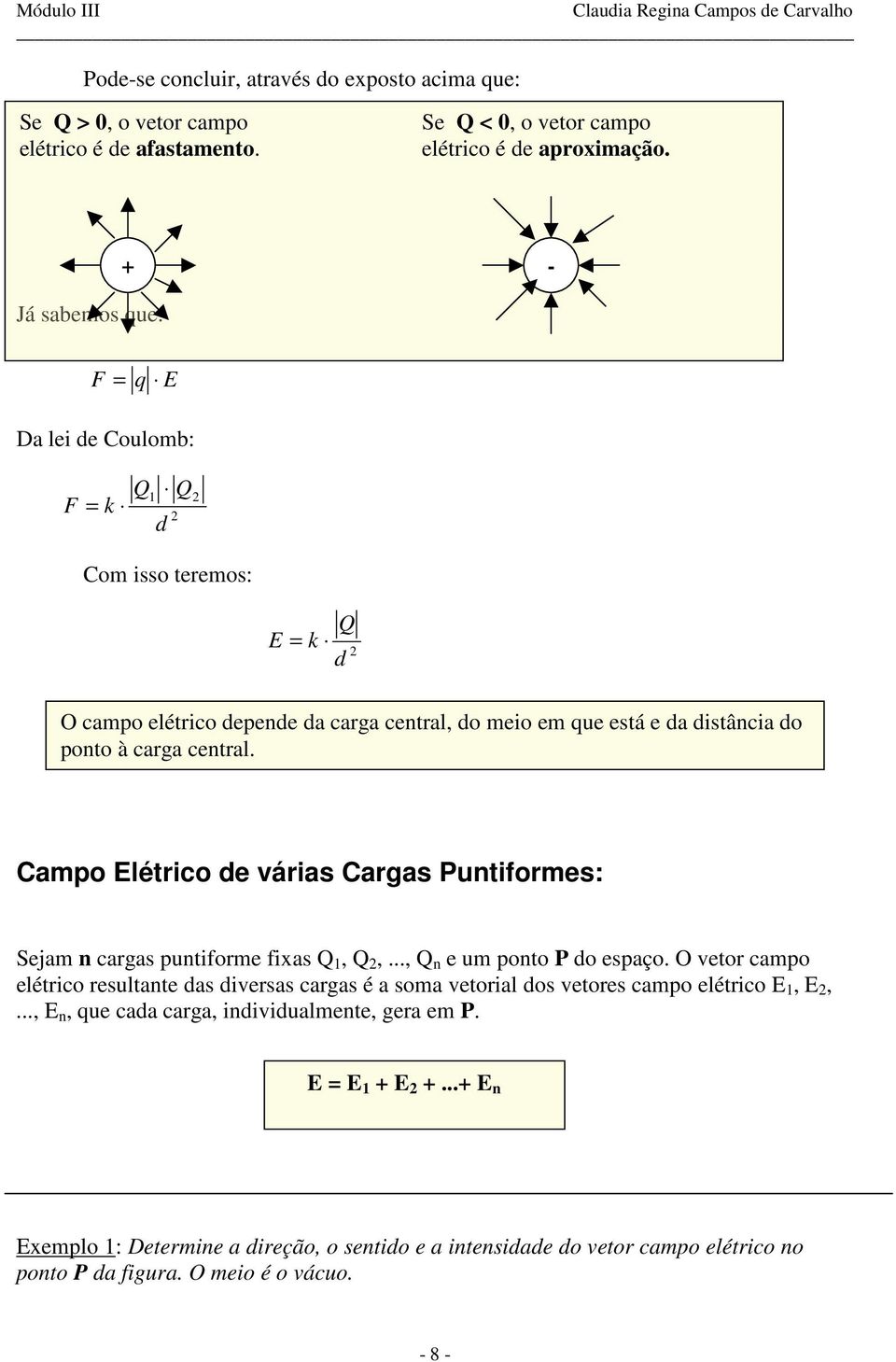 Já sabemos que: + - = q Da lei e Coulomb: Com isso teremos: O campo elétrico epene a carga central, o meio em que está e a istância o ponto à carga central.