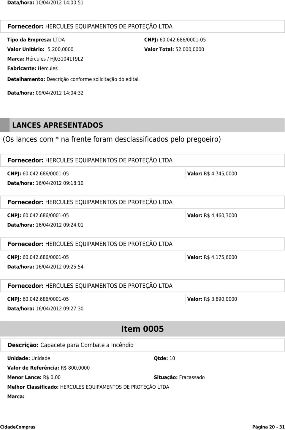 Data/hora: 09/04/2012 14:04:32 LANCES APRESENTADOS (Os lances com * na frente foram desclassificados pelo pregoeiro) Fornecedor: HERCULES EQUIPAMENTOS DE PROTEÇÃO LTDA CNPJ: 60.042.