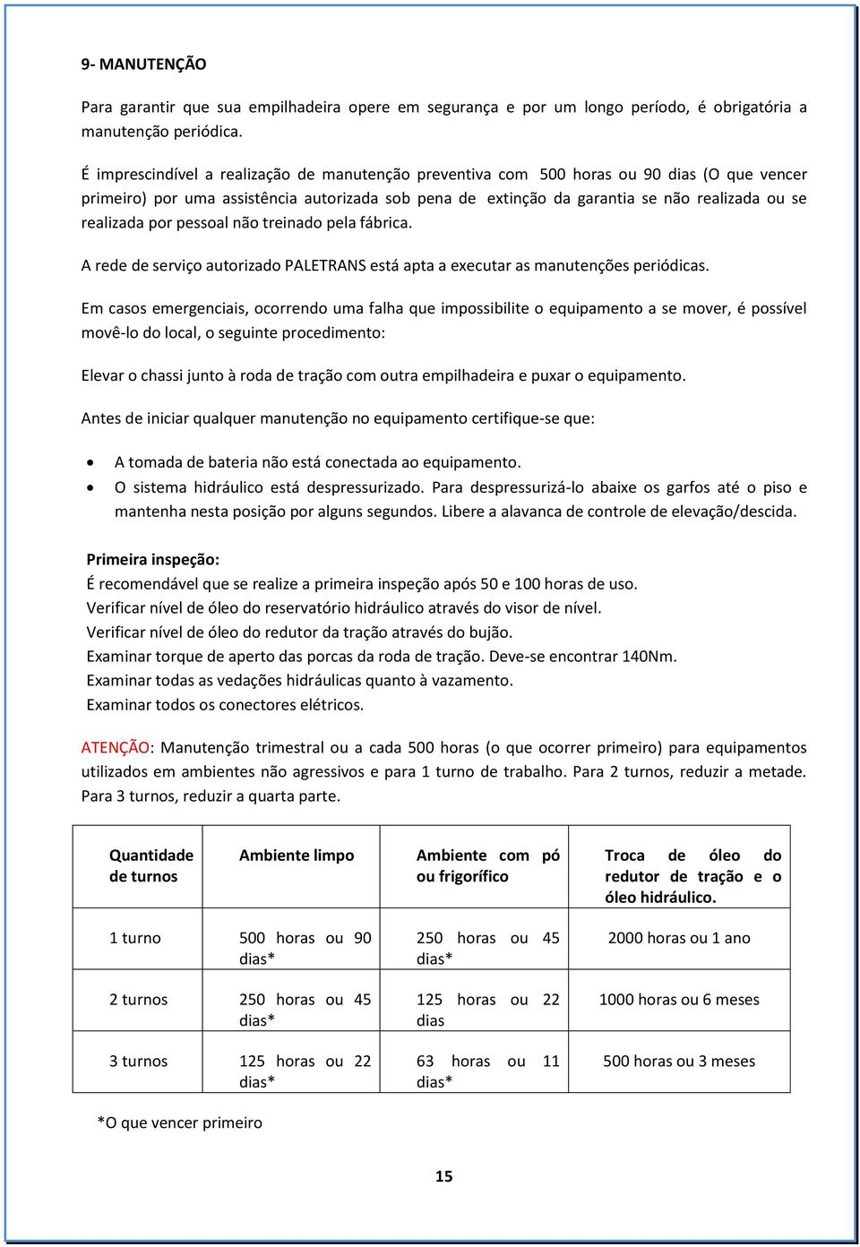 realizada por pessoal não treinado pela fábrica. A rede de serviço autorizado PALETRANS está apta a executar as manutenções periódicas.