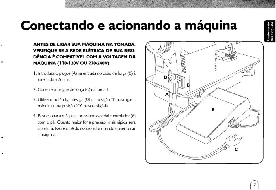 ~.. 2. Conecte o plugue de força (C) na tomada. 3. Utilize o botão liga-desliga(o) na posição "I" para ligar a máquina e na posição "O" para desligá-ia. 4.