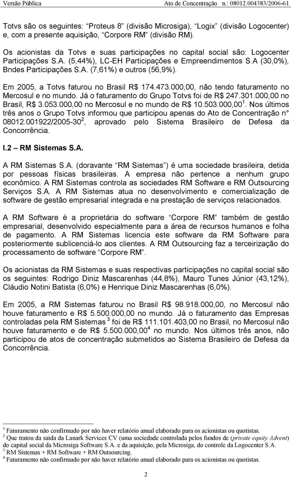 Em 2005, a Totvs faturou no Brasil R$ 174.473.000,00, não tendo faturamento no Mercosul e no mundo. Já o faturamento do Grupo Totvs foi de R$ 247.301.000,00 no Brasil, R$ 3.053.