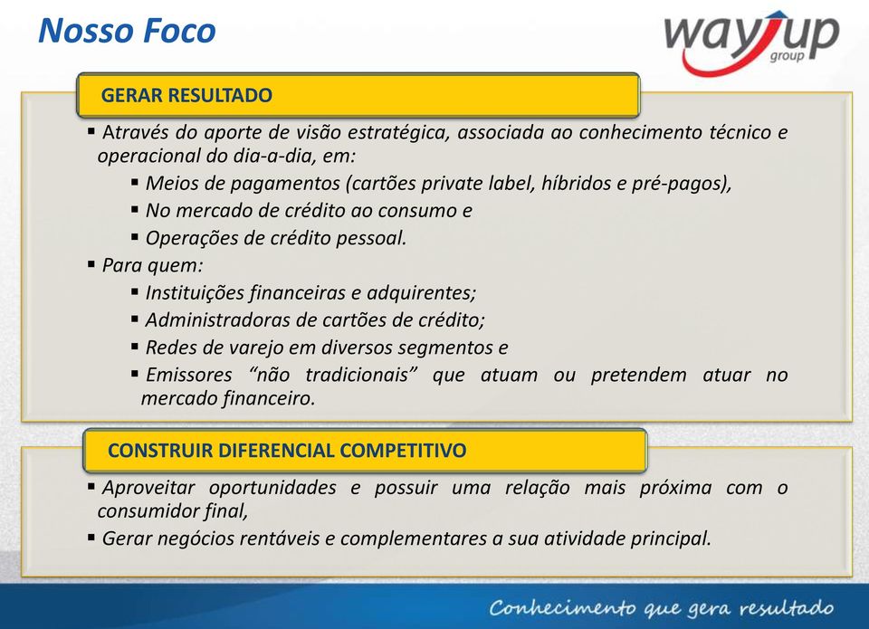 Para quem: Instituições financeiras e adquirentes; Administradoras de cartões de crédito; Redes de varejo em diversos segmentos e Emissores não tradicionais que