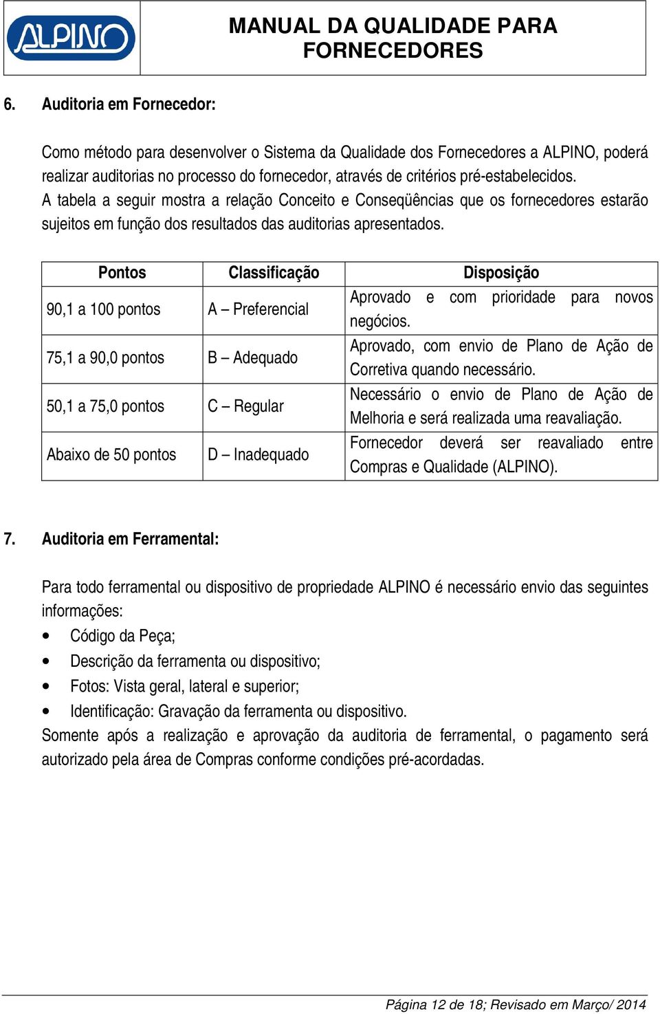 Pontos Classificação Disposição 90,1 a 100 pontos A Preferencial Aprovado e com prioridade para novos negócios.