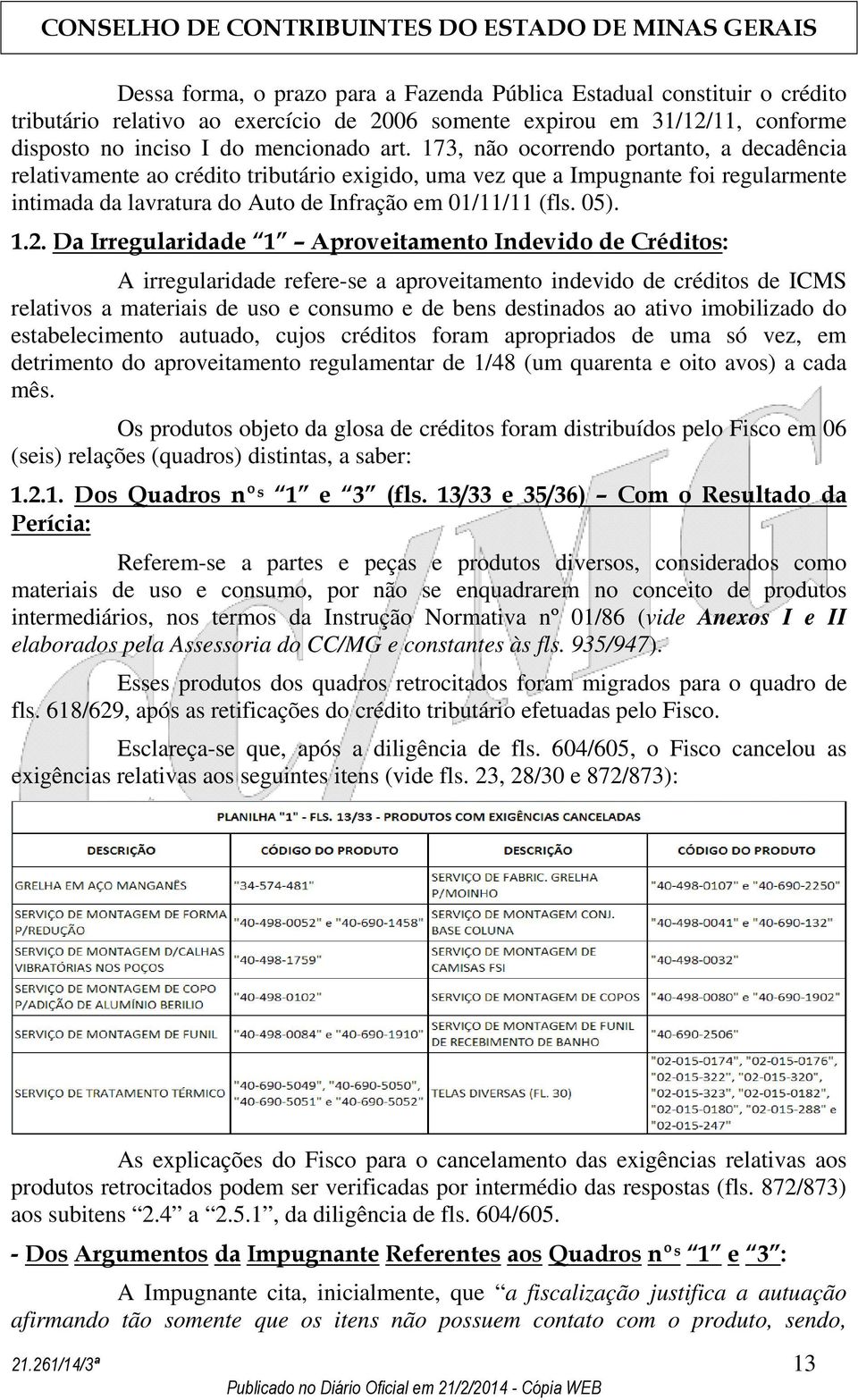 Da Irregularidade 1 Aproveitamento Indevido de Créditos: A irregularidade refere-se a aproveitamento indevido de créditos de ICMS relativos a materiais de uso e consumo e de bens destinados ao ativo