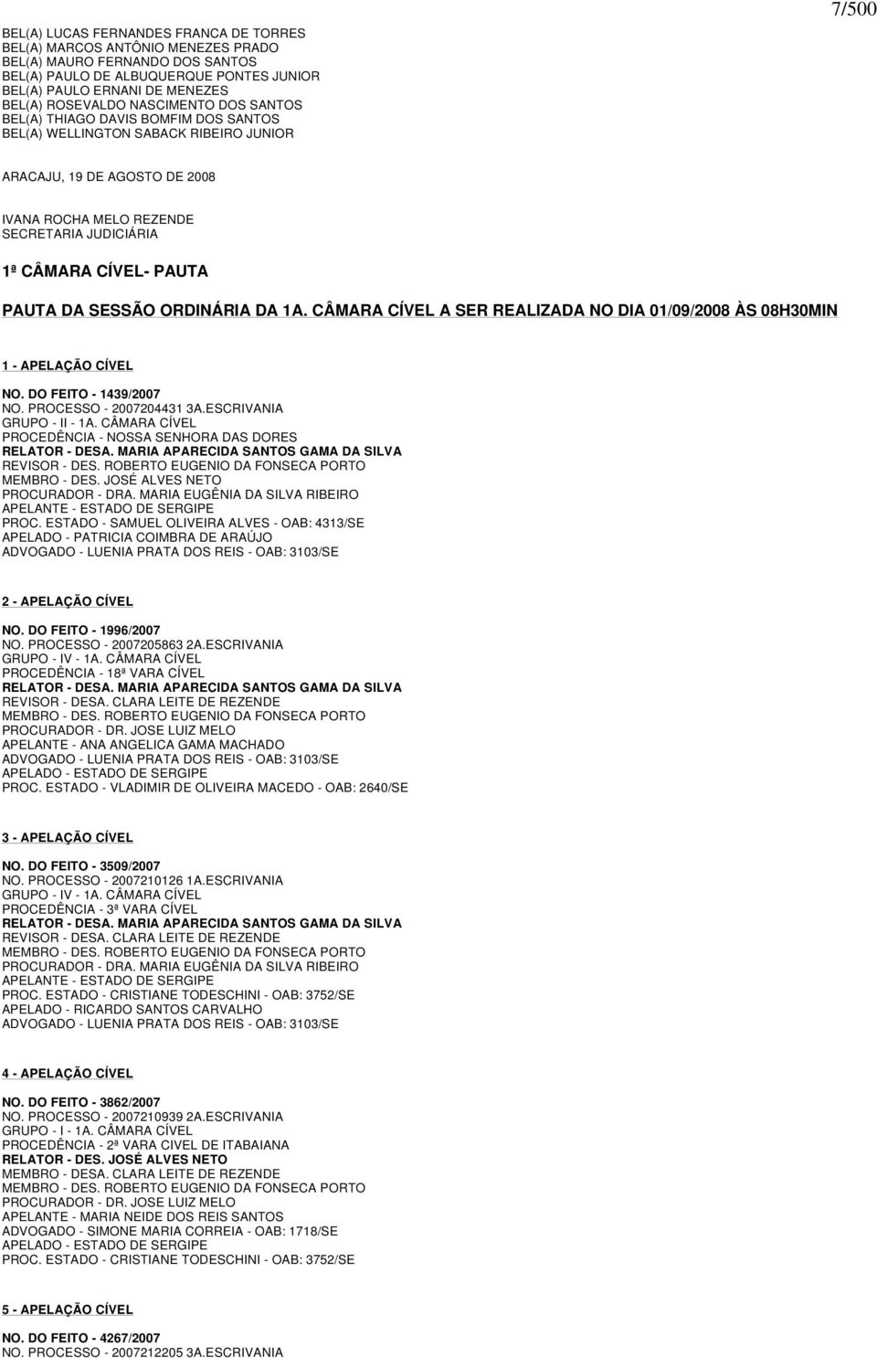 PAUTA PAUTA DA SESSÃO ORDINÁRIA DA 1A. CÂMARA CÍVEL A SER REALIZADA NO DIA 01/09/2008 ÀS 08H30MIN 1 - APELAÇÃO CÍVEL NO. DO FEITO - 1439/2007 NO. PROCESSO - 2007204431 3A.ESCRIVANIA GRUPO - II - 1A.