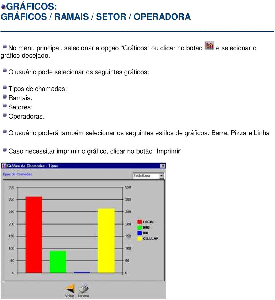 e selecionar o O usuário pode selecionar os seguintes gráficos: Tipos de chamadas; Ramais; Setores;