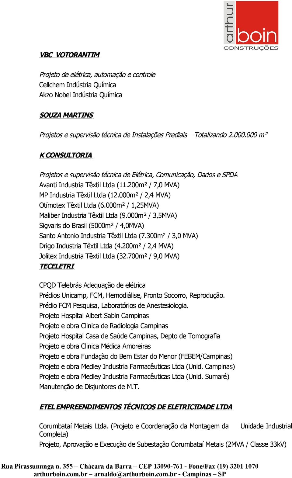 000m² / 2,4 MVA) Otímotex Têxtil Ltda (6.000m² / 1,25MVA) Maliber Industria Têxtil Ltda (9.000m² / 3,5MVA) Sigvaris do Brasil (5000m² / 4,0MVA) Santo Antonio Industria Têxtil Ltda (7.
