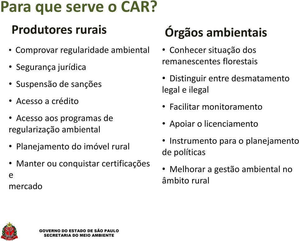 regularização ambiental Planejamento do imóvel rural Manter ou conquistar certificações e mercado Órgãos ambientais Conhecer situação dos