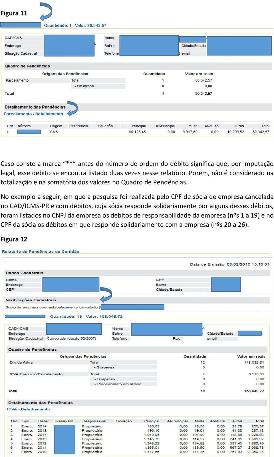 No exemplo a seguir, em que a pesquisa foi realizada pelo CPF de sócia de empresa cancelada no CAD/ICMS-PR e com débitos, cuja sócia responde solidariamente