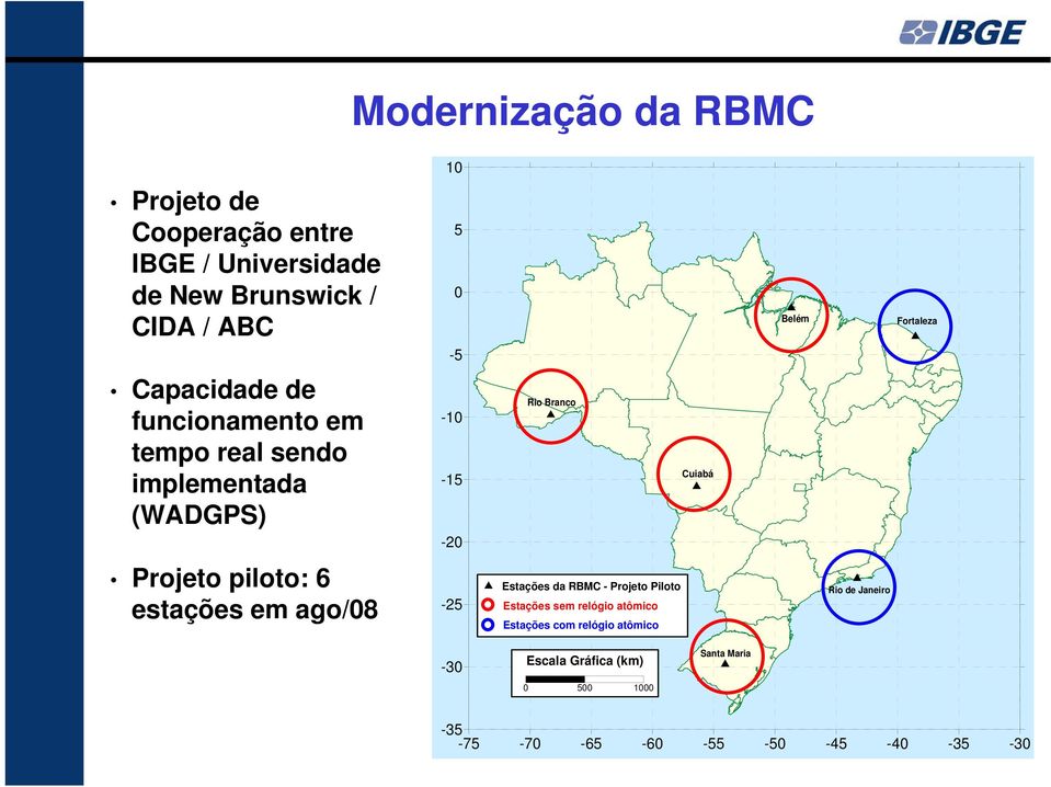 Projeto piloto: 6 estações em ago/08-25 Estações da RBMC - Projeto Piloto Estações sem relógio atômico Estações
