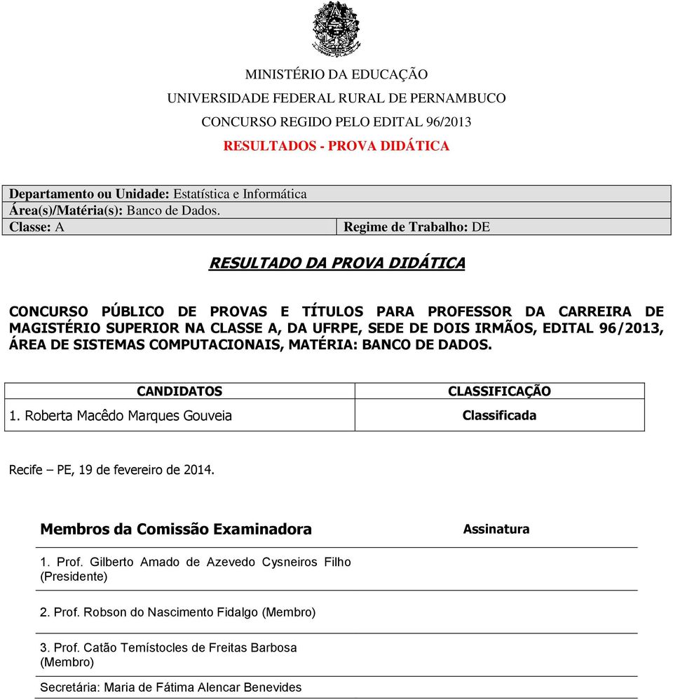 96/2013, ÁREA DE SISTEMAS COMPUTACIONAIS, MATÉRIA: BANCO DE DADOS. CANDIDATOS CLASSIFICAÇÃO 1.