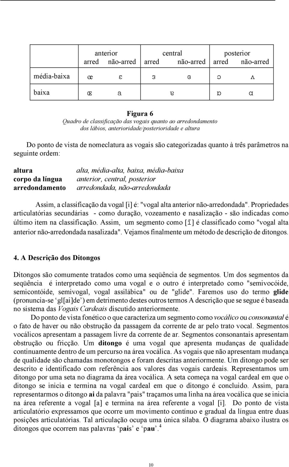 baixa, média-baixa anterior, central, posterior arredondada, não-arredondada Assim, a classificação da vogal [i] é: "vogal alta anterior não-arredondada".