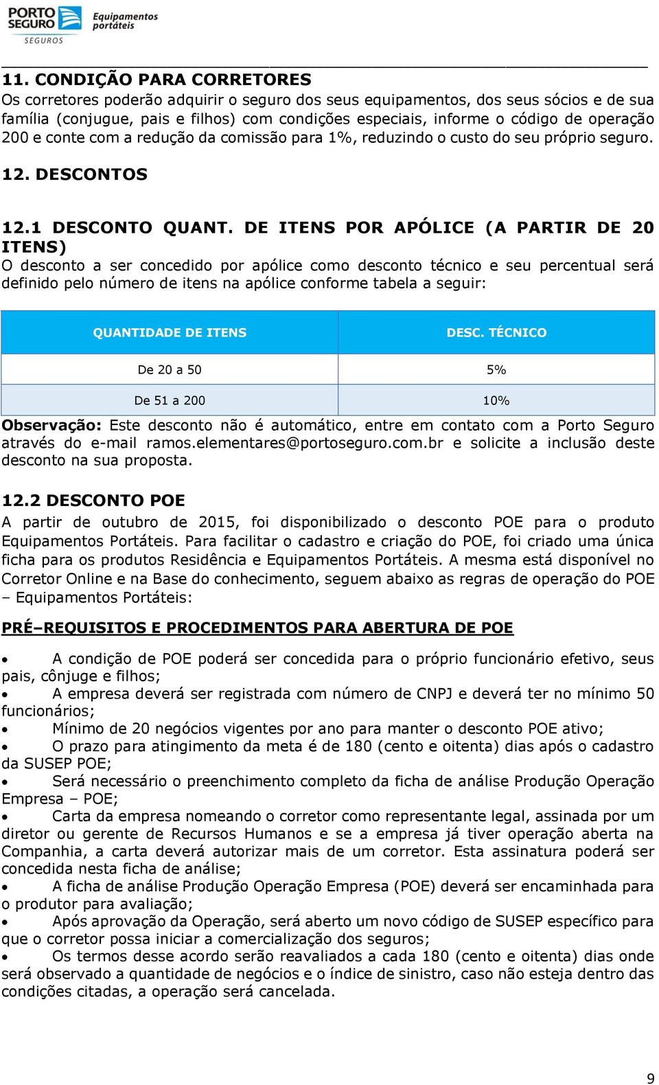 DE ITENS POR APÓLICE (A PARTIR DE 20 ITENS) O desconto a ser concedido por apólice como desconto técnico e seu percentual será definido pelo número de itens na apólice conforme tabela a seguir: