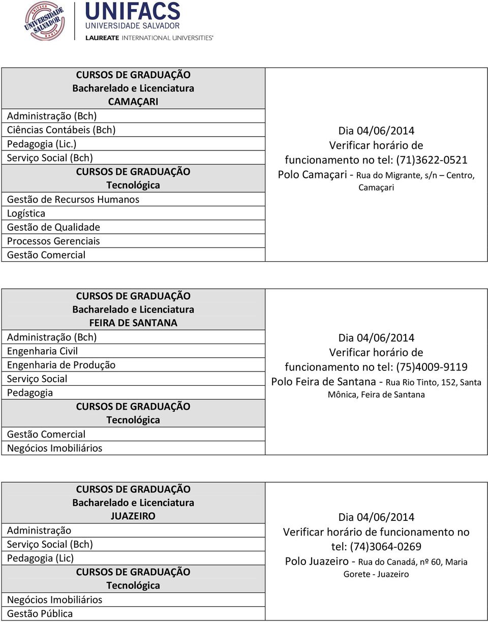 de funcionamento no tel: (75)4009-9119 Polo Feira de Santana - Rua Rio Tinto, 152, Santa Mônica, Feira de Santana