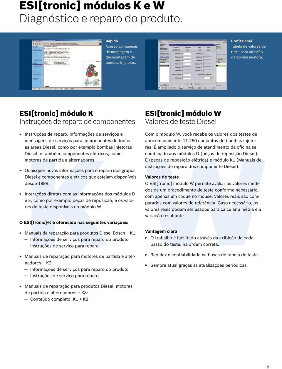 ESI[tronic] módulo K Instruções de reparo de componentes EE mensagens de serviços para componentes de todas as áreas Diesel, como por exemplo bombas injetoras Diesel, e também componentes elétricos,