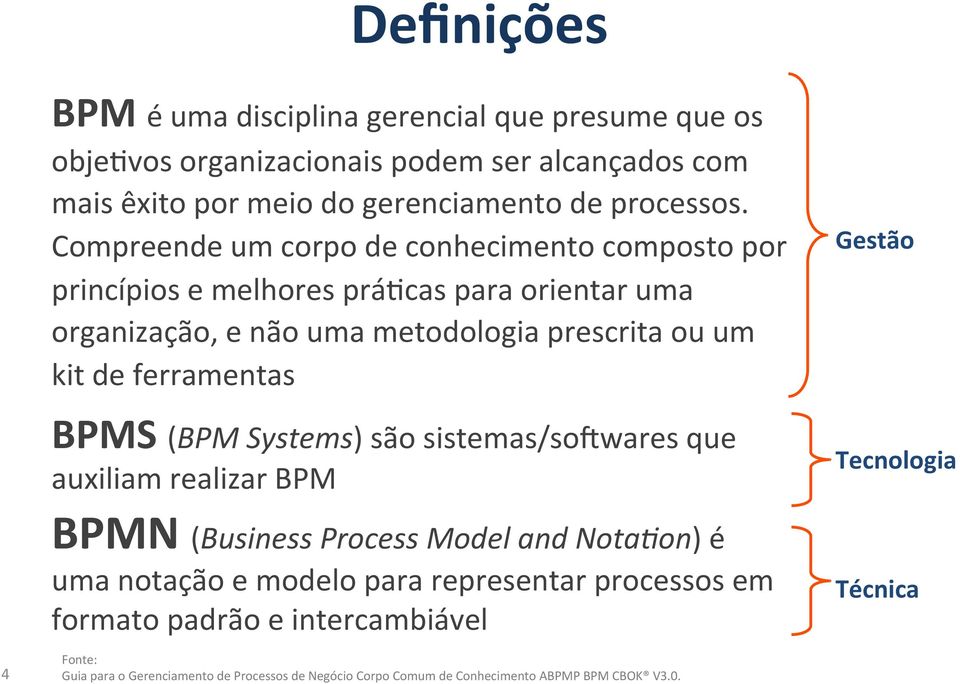 ferramentas BPMS (BPM Systems) são sistemas/sopwares que auxiliam realizar BPM BPMN (Business Process Model and Nota5on) é uma notação e modelo para representar