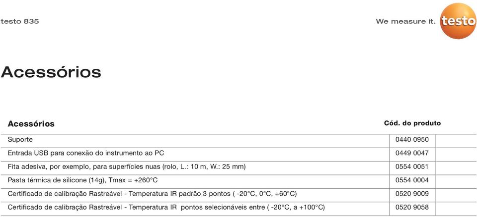 : 25 mm) Pasta térmica de silicone (14g), Tmax = +260 C Certificado de calibração Rastreável - Temperatura IR padrão