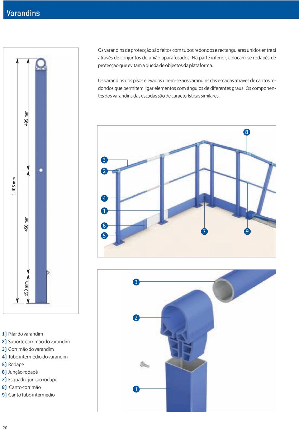 Os varandins dos pisos elevados unem-se aos varandins das escadas através de cantos redondos que permitem ligar elementos com ângulos de diferentes graus.