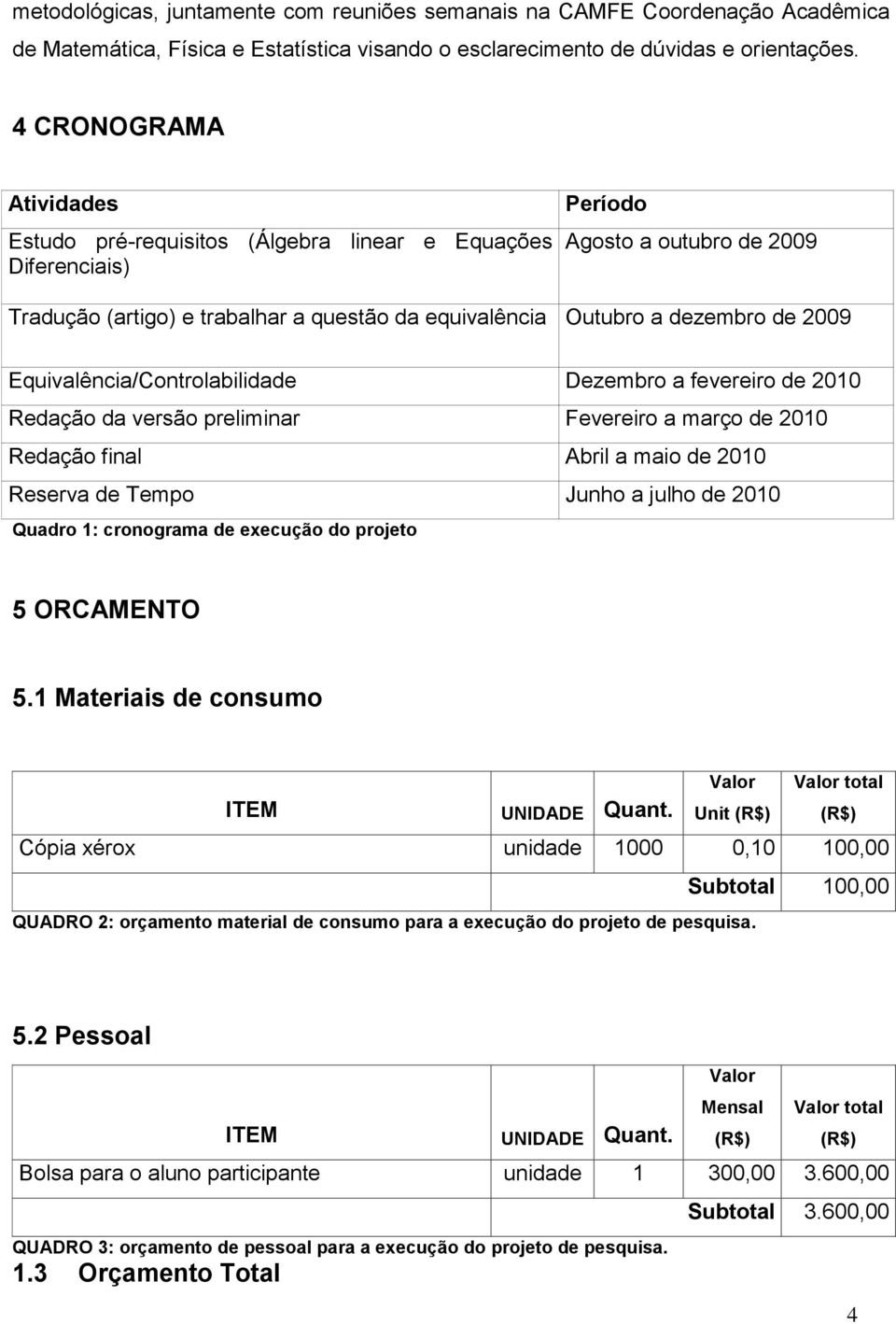 2009 Equivalência/Controlabilidade Dezembro a fevereiro de 2010 Redação da versão preliminar Fevereiro a março de 2010 Redação final Abril a maio de 2010 Reserva de Tempo Junho a julho de 2010 Quadro