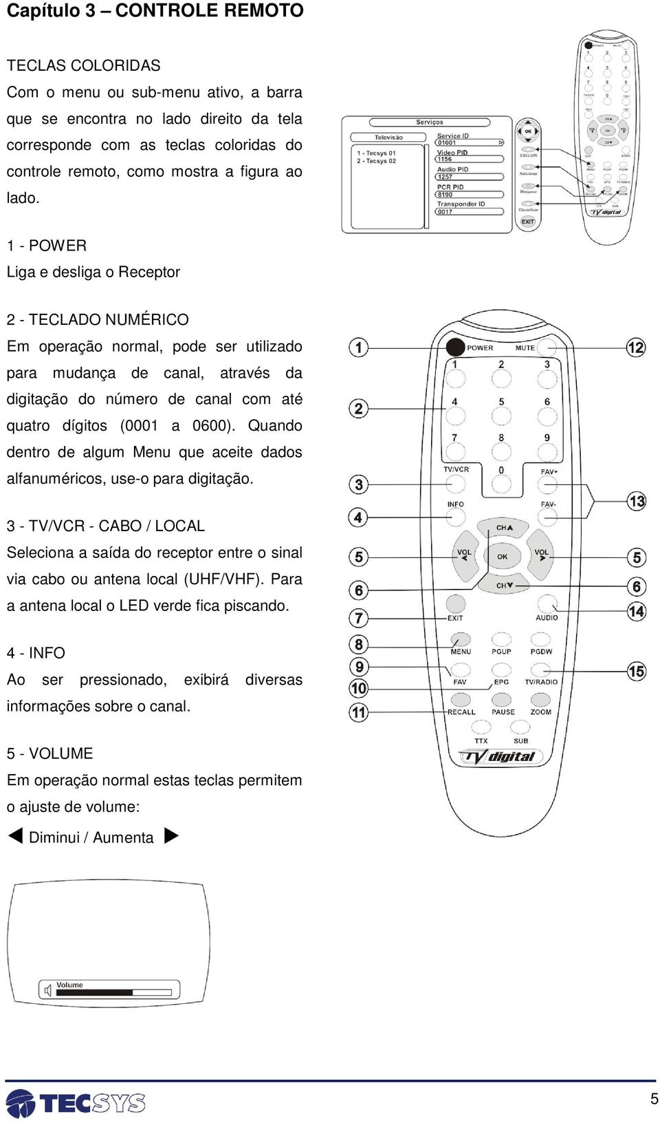 1 - POWER Liga e desliga o Receptor 2 - TECLADO NUMÉRICO Em operação normal, pode ser utilizado para mudança de canal, através da digitação do número de canal com até quatro dígitos (0001 a 0600).