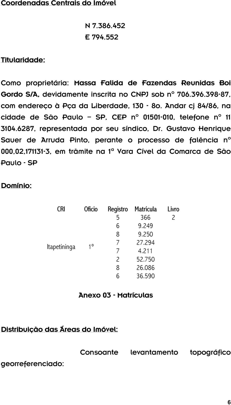 Gustavo Henrique Sauer de Arruda Pinto, perante o processo de falência nº 000,02,171131-3, em trâmite na 1ª Vara Cível da Comarca de São Paulo - SP Domínio: CRI Oficio Registro