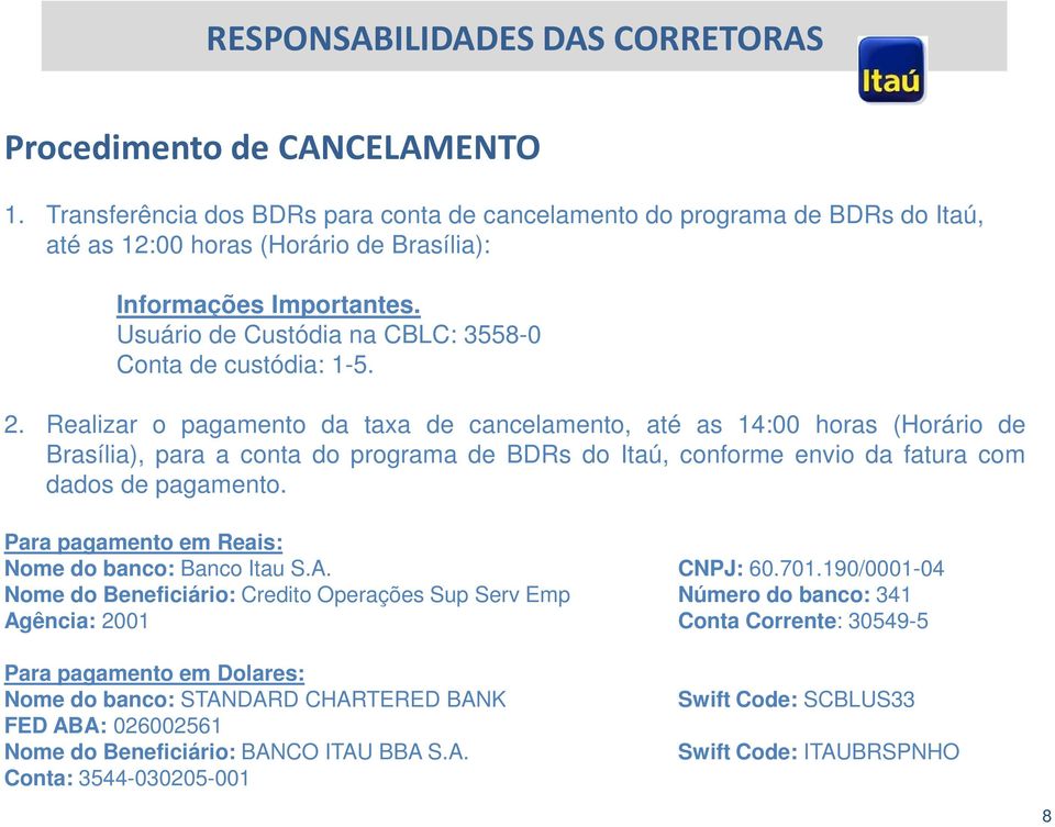 Usuário de Custódia na CBLC: 3558-0 Conta de custódia: 1-5. 2.