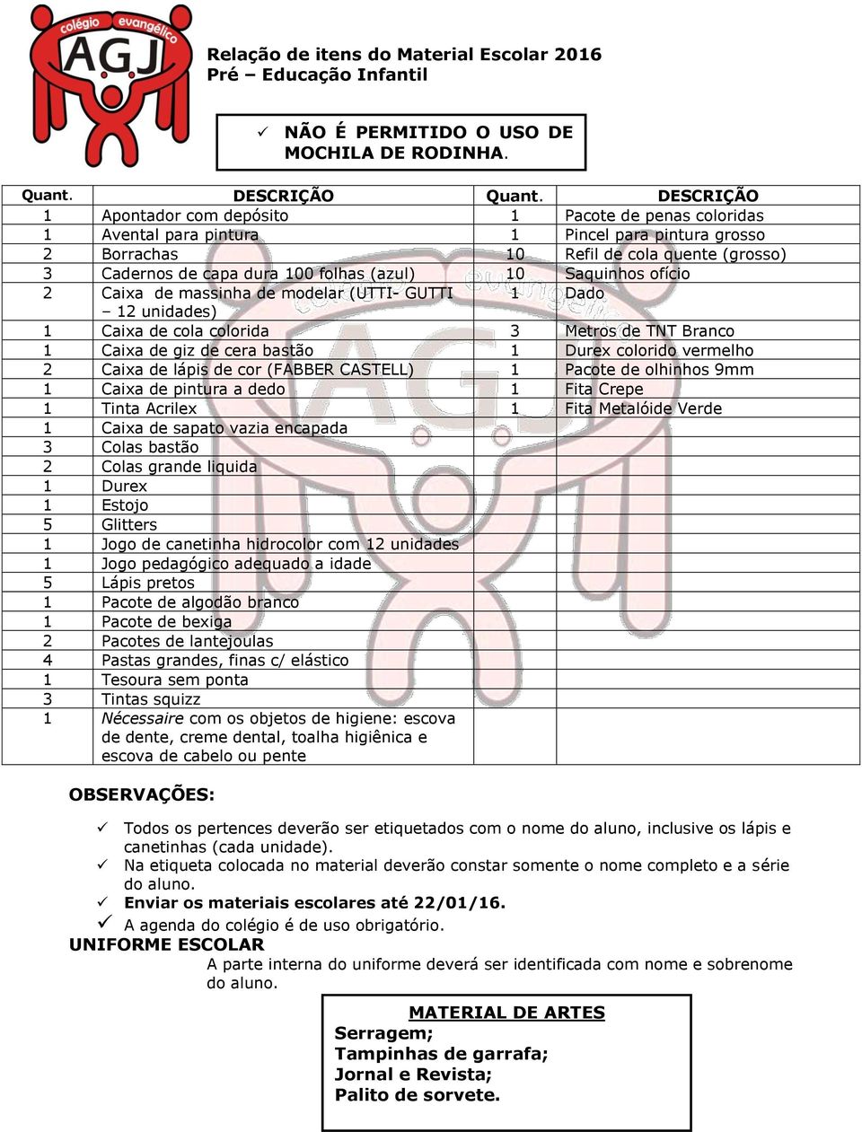 (azul) 10 Saquinhos ofício 2 Caixa de massinha de modelar (UTTI- GUTTI 1 Dado 12 unidades) 1 Caixa de cola colorida 3 Metros de TNT Branco 1 Caixa de giz de cera bastão 1 Durex colorido vermelho 2