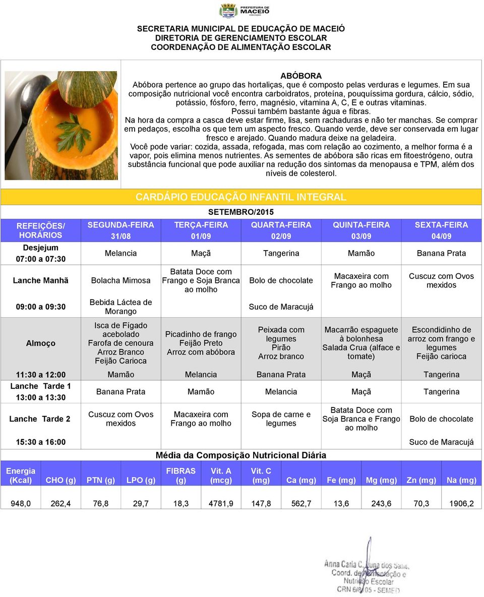 Possui também bastante água e fibras. Na hora da compra a casca deve estar firme, lisa, sem rachaduras e não ter manchas. Se comprar em pedaços, escolha os que tem um aspecto fresco.